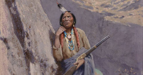 1884: Sketch & Paintings of Indian w/gun against rock