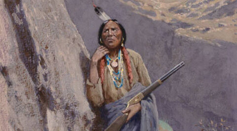1884: Sketch & Paintings of Indian w/gun against rock